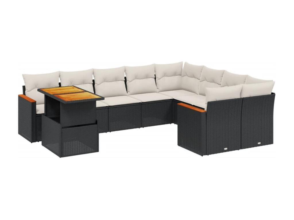 10-piece garden furniture set with cushions, black woven resin
