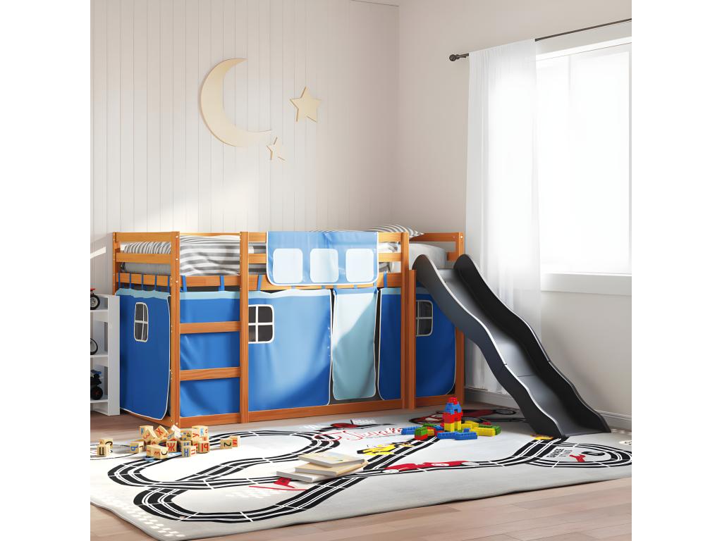 Bunk bed with slide and blue curtains 80x200 cm