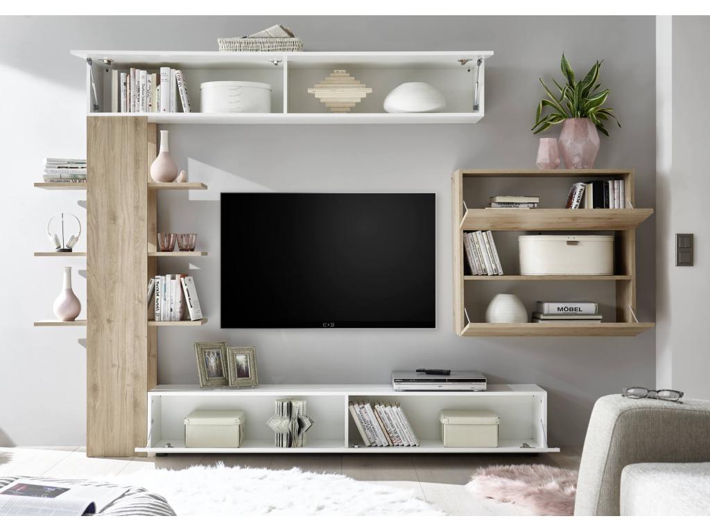 Homelumiere Wall Unit Living Room Composition Versatile Living Room Furniture TV Unit Made in Italy 295x30 h187 cm Glossy White and Light Oak