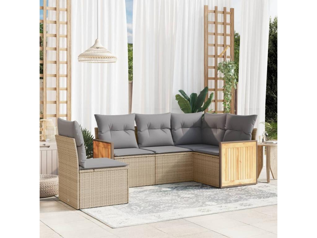 5-piece garden furniture set with cushions, beige woven resin, 90374ABRO