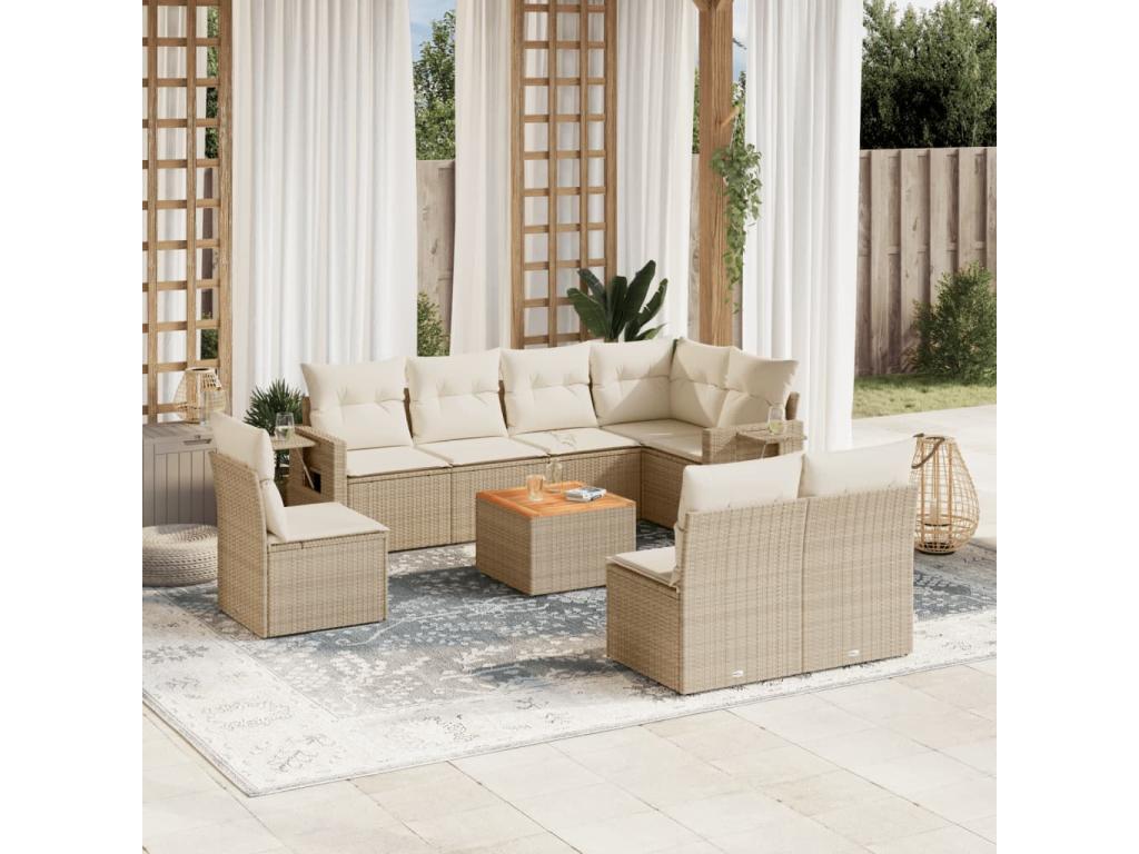 9-piece garden furniture set with cushions, beige woven resin