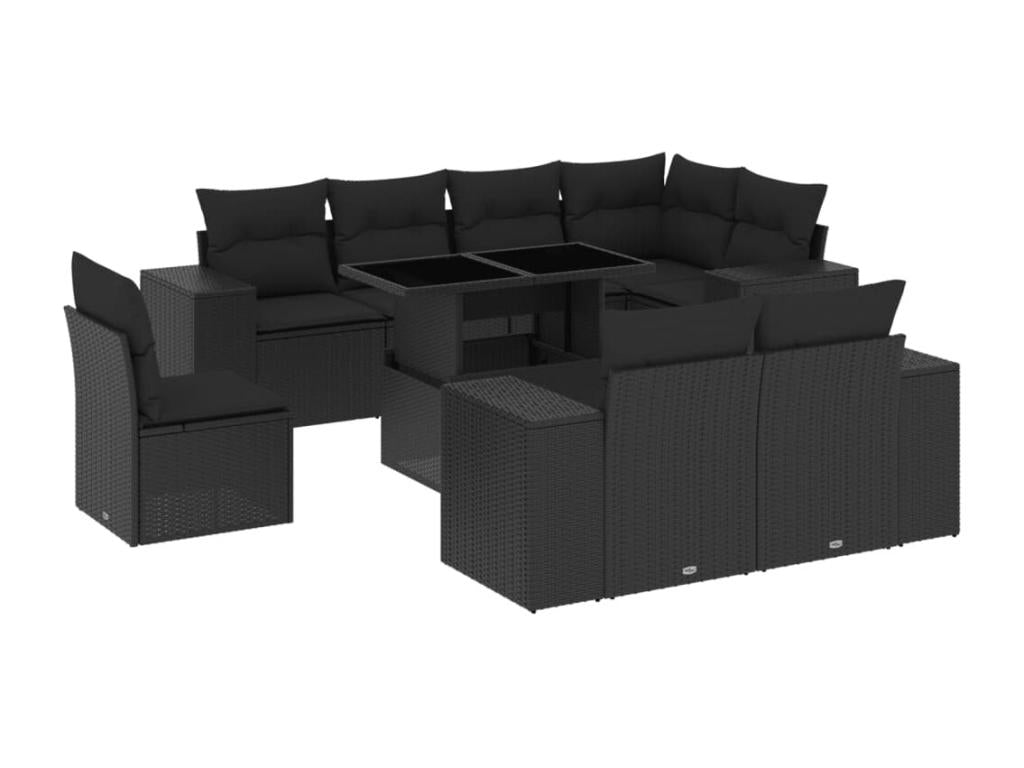 9-piece garden furniture set with cushions, black woven resin