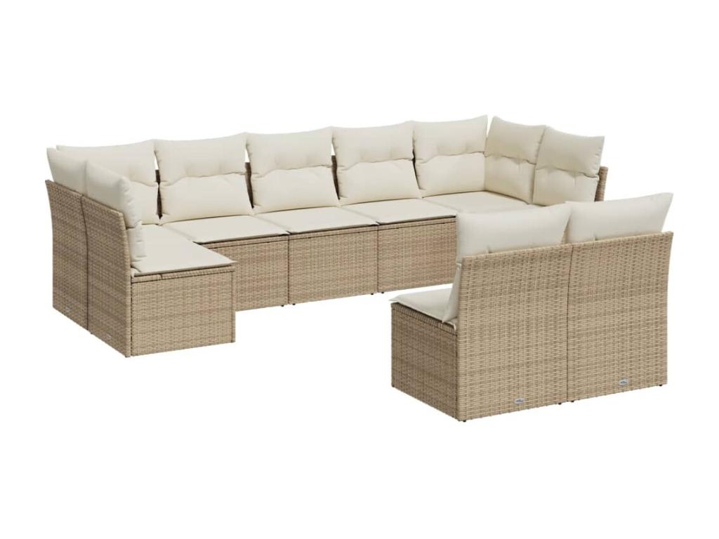 9-piece garden furniture set with cushions, beige woven resin