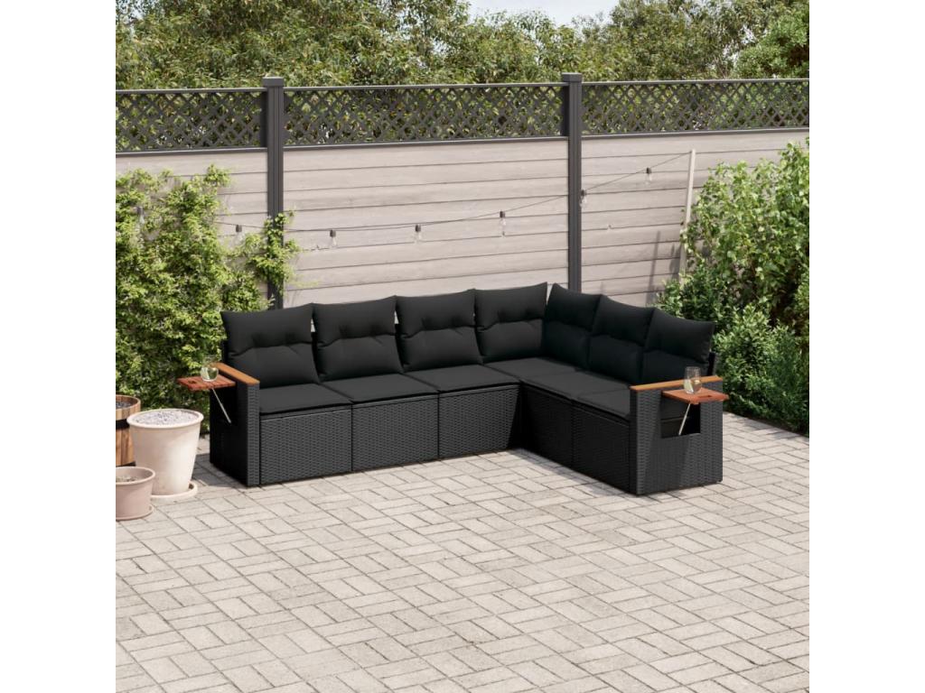 6-piece garden furniture set with cushions, black woven resin