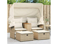 2-seater garden sofa with canopy and beige rattan stools