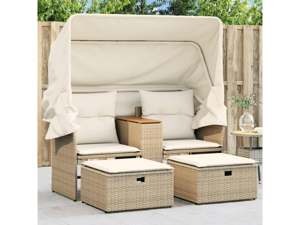 2-seater garden sofa with canopy and beige rattan stools
