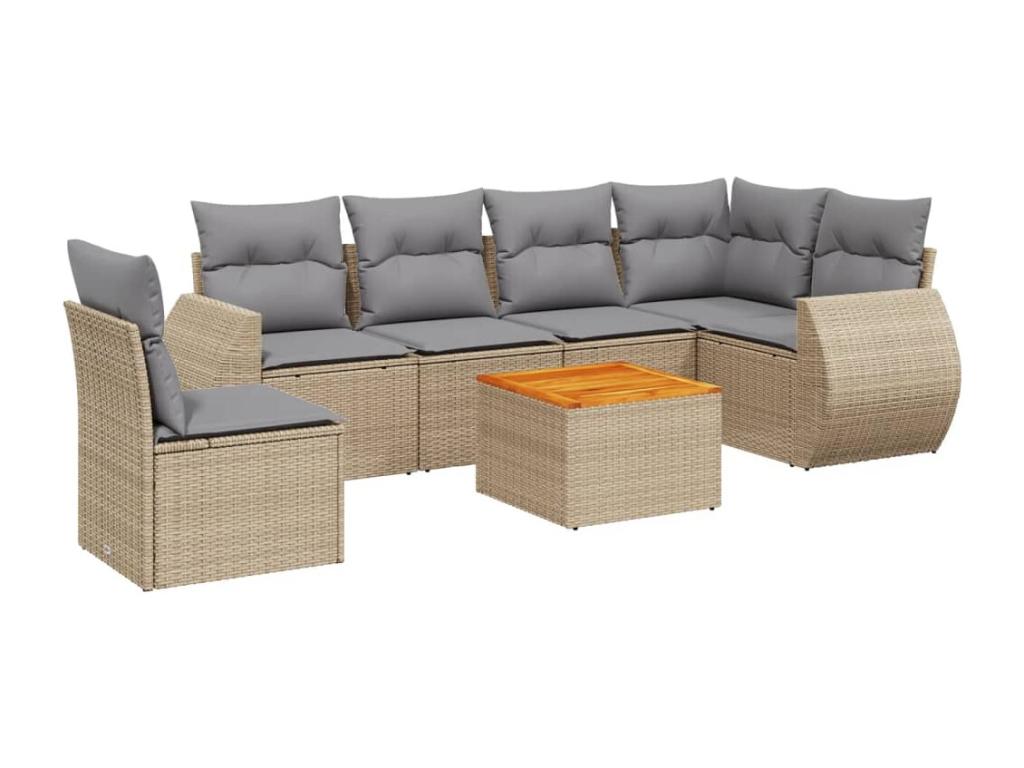 7-piece garden furniture set with cushions, beige woven resin