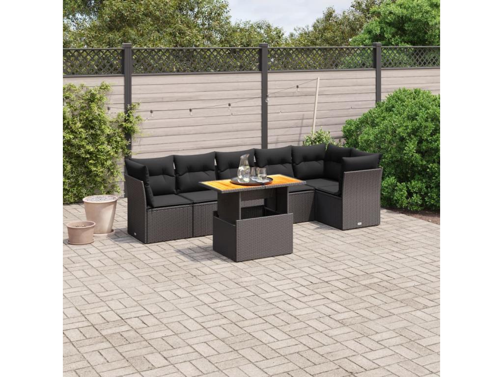 7-piece garden furniture set with cushions, black resin wicker, 98469TLGD