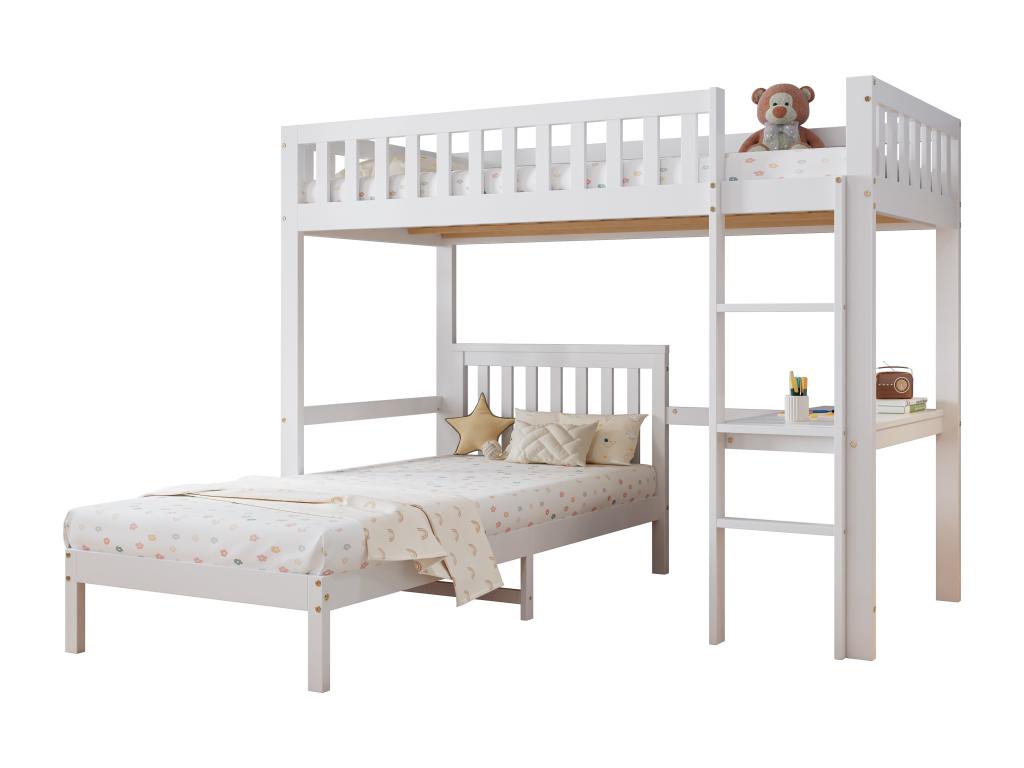 90x200cm solid wood bunk bed - with table and ladder - White