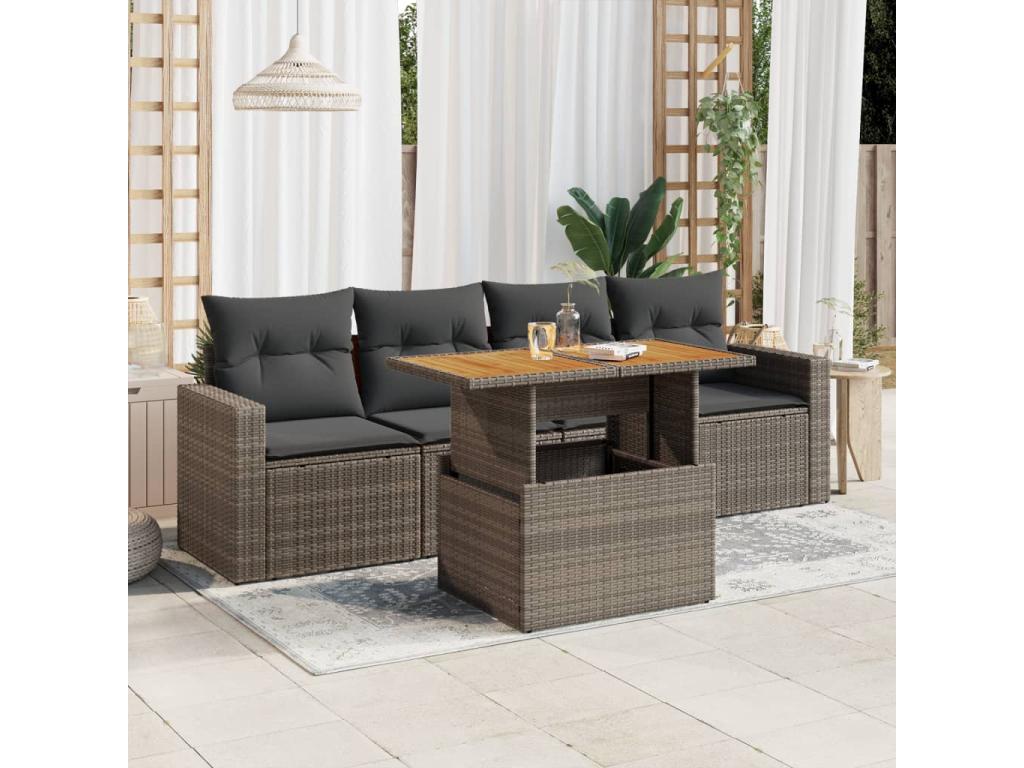 5-piece garden furniture set with grey resin wicker cushions
