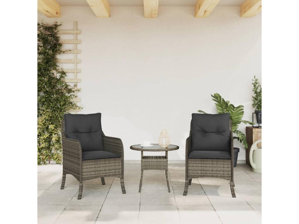 Garden chairs with cushions, set of 2, grey woven resin
