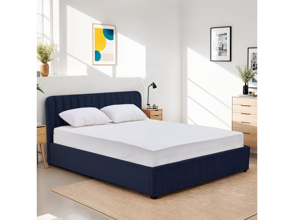Adult storage bed 160x200 cm with upholstered headboard in midnight blue velvet - Homelumiere