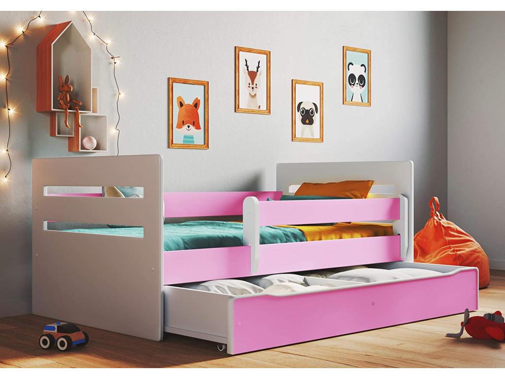 Children's bed with removable safety rail, white and pink, Delimoa - Foam mattress - 80x140 cm 63111SKVT