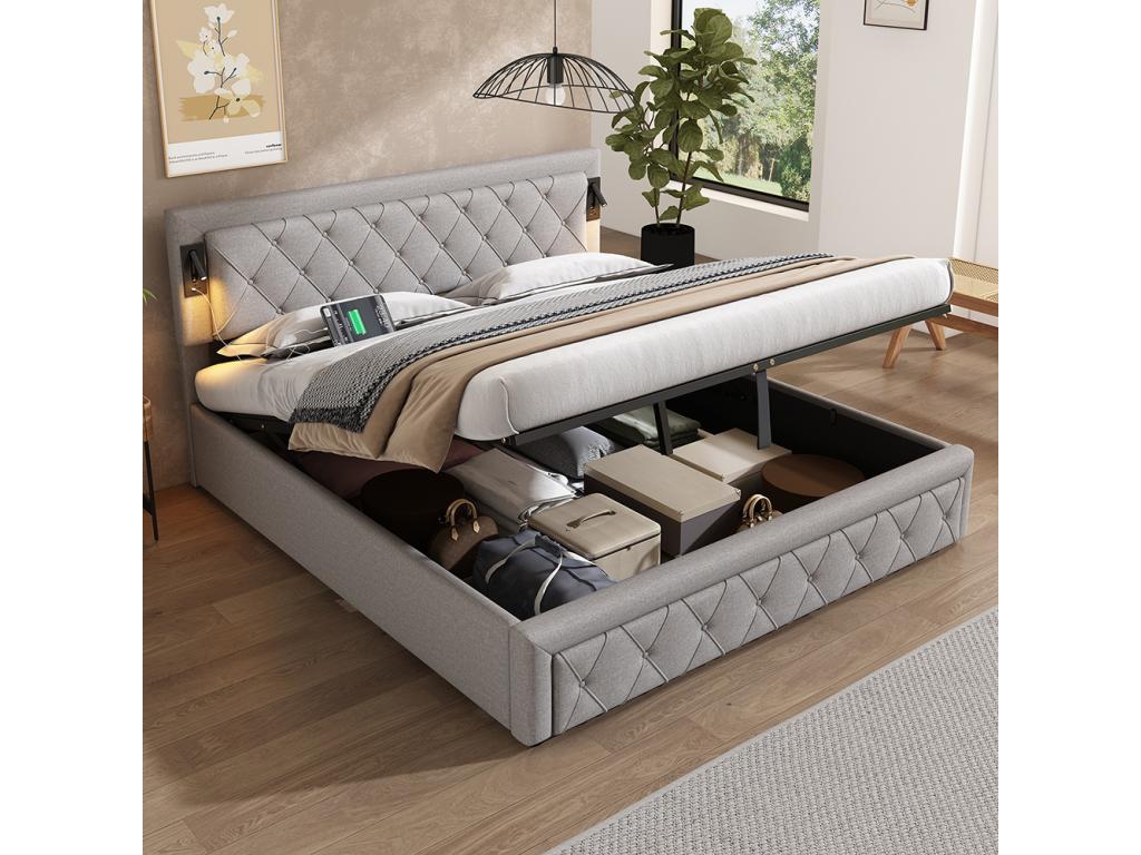 180x200 cm Hydraulic Storage Bed with Downlight, USB Lamp, Wooden Slatted Base, Diamond Headboard, and Storage Space - Grey
