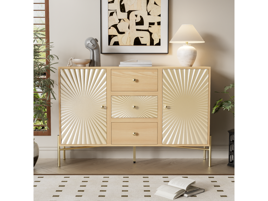 Wood-colored sideboard, 123.5 cm long, two-door cabinet with 3 drawers, unique sunburst design