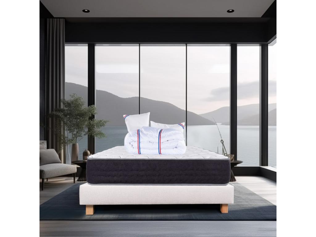 Homelumiere 27cm Firm Pocket Spring Mattress Set (Summer/Winter Sides), Beige Slatted Base (20cm Thick), Pillow, Duvet (160x200cm)