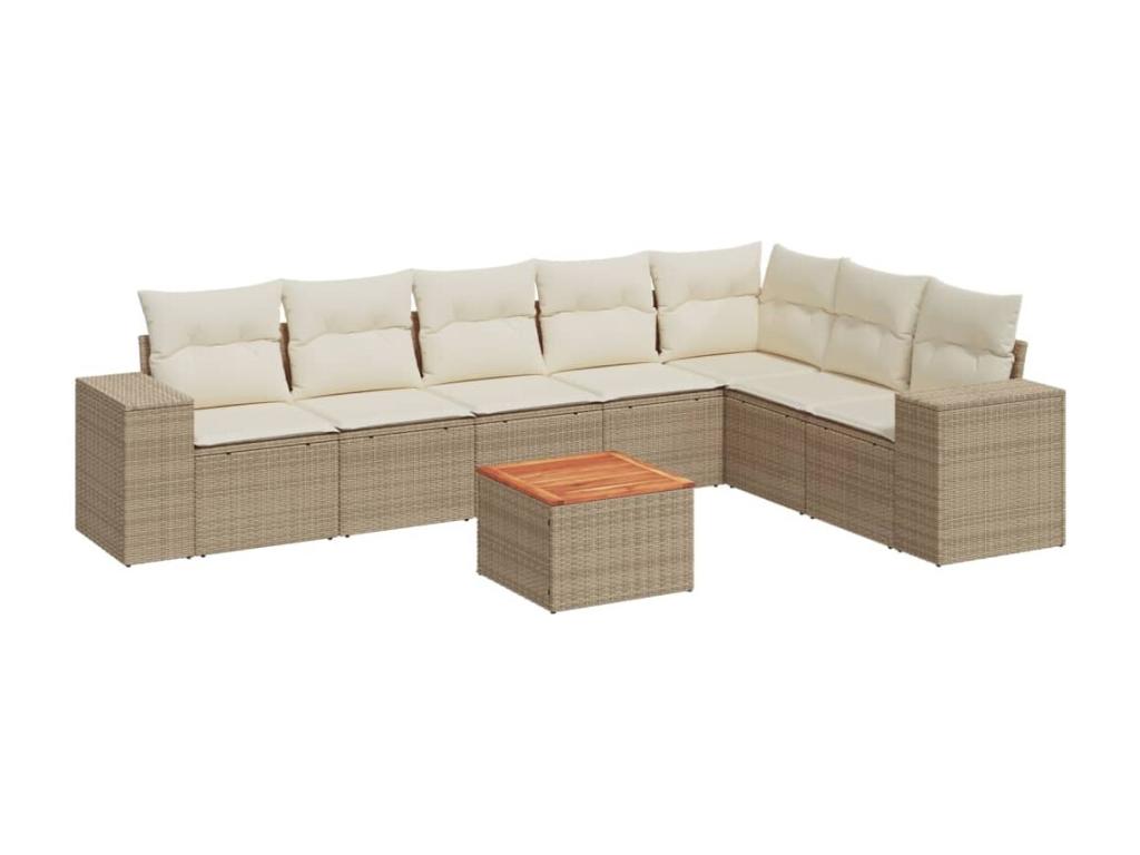 8-piece garden furniture set with cushions, beige woven resin