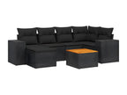 7-piece garden furniture set with cushions, black woven resin