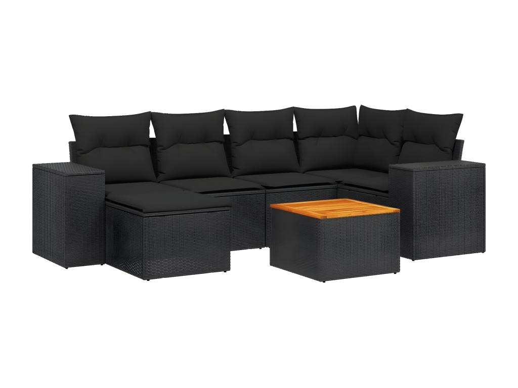7-piece garden furniture set with cushions, black woven resin