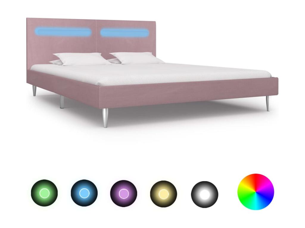 Bed frame with LED lights, pink fabric, 180x200 cm