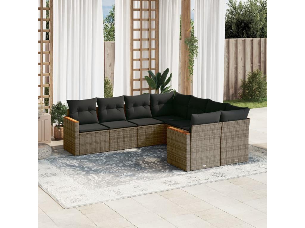 8-piece garden furniture set with grey resin wicker cushions