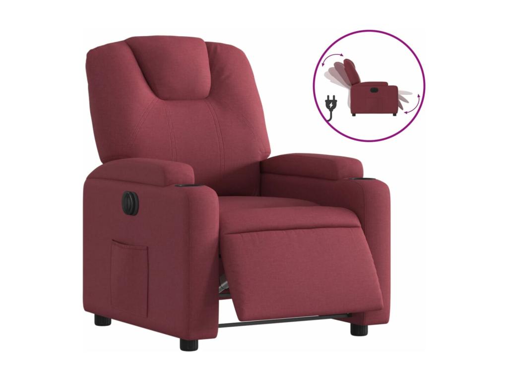 Electric recliner armchair, burgundy red fabric