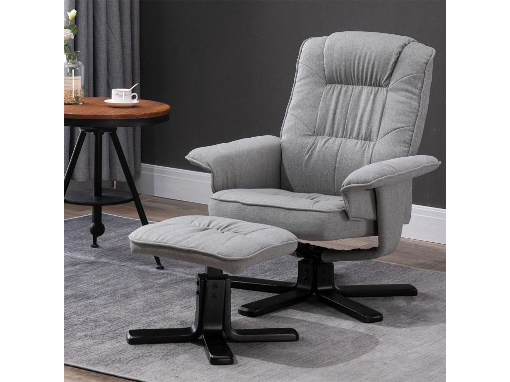 Homelumiere relaxation armchair with footrest, swivel seat, reclining backrest, and upholstered seat in grey fabric with black legs.