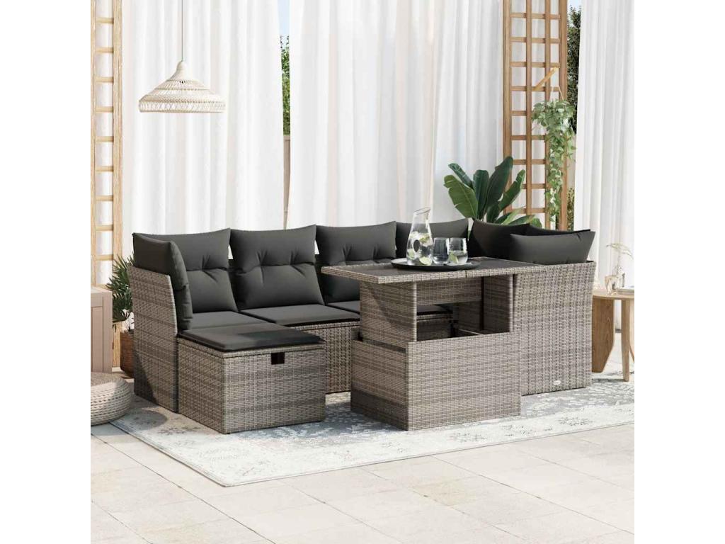 7-piece garden furniture set with cushions, grey woven resin