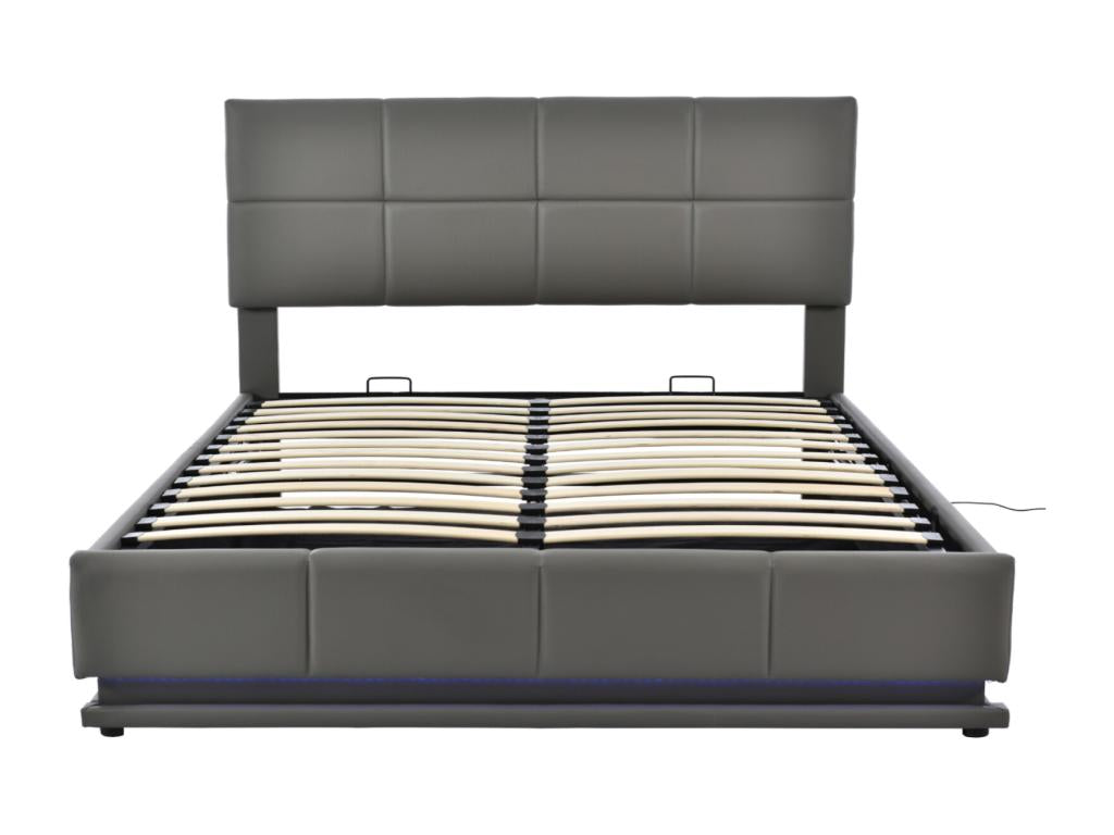 160x200 cm Storage Bed - Double Bed with LED Lighting, Upholstered, Hydraulic Lift-Up Bed with Slatted Base and PU Leather Headboard - Grey