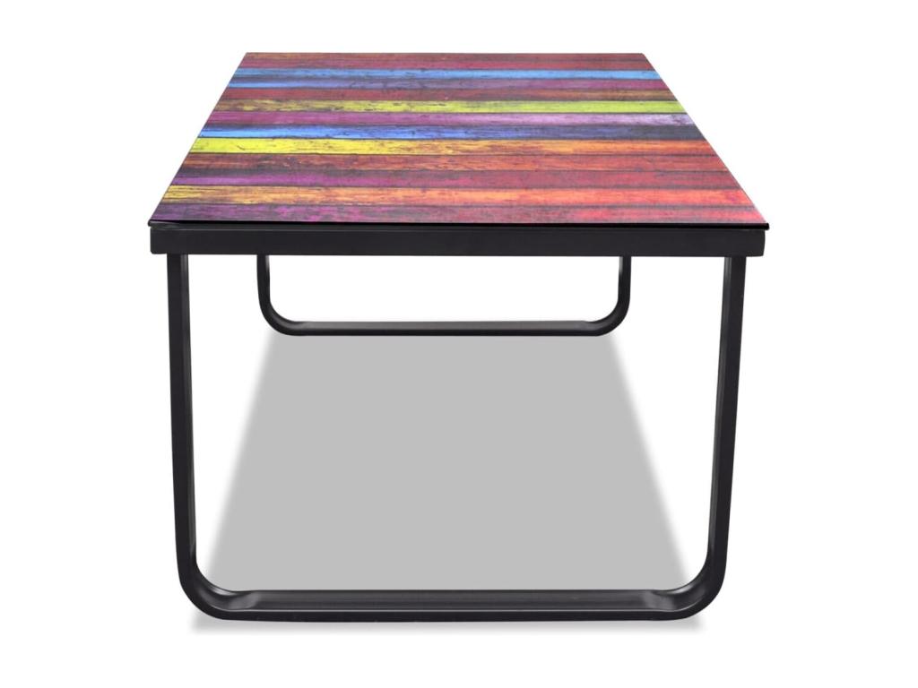 Coffee table with rainbow print. Glass top.