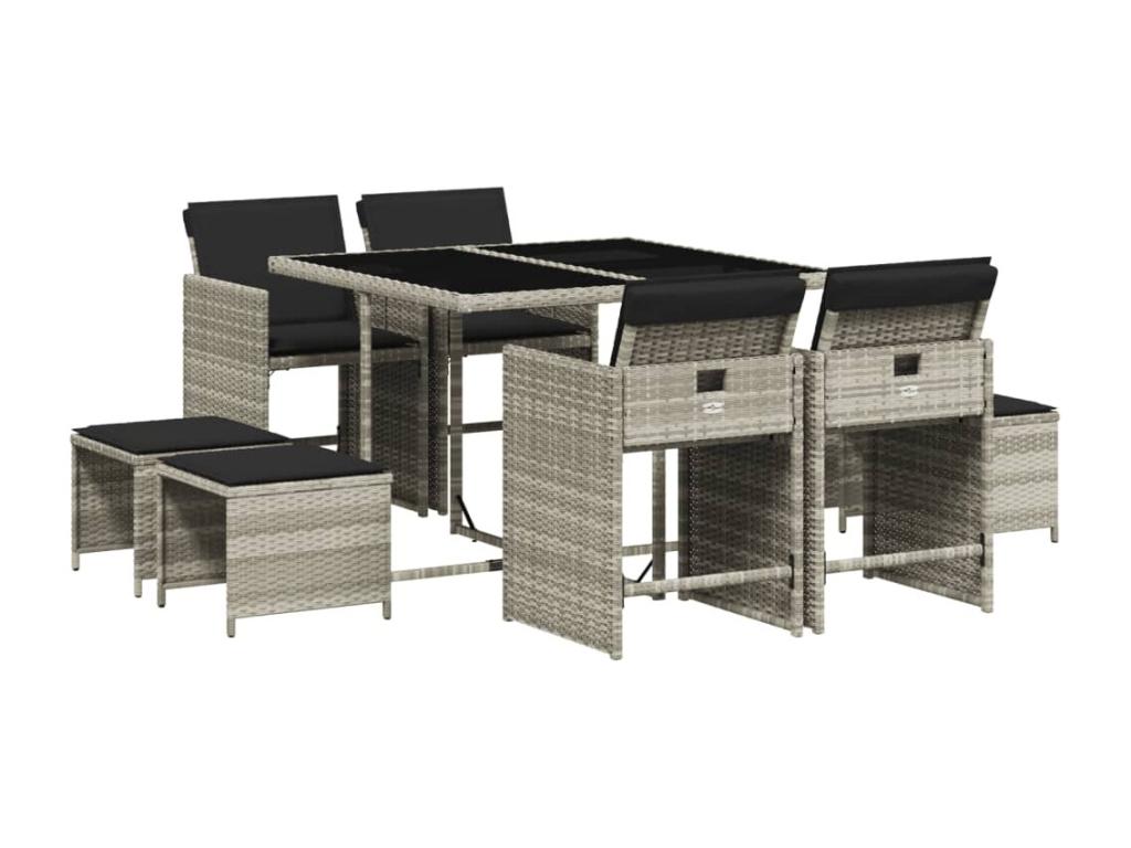 9-piece garden dining set and cushions in light grey rattan