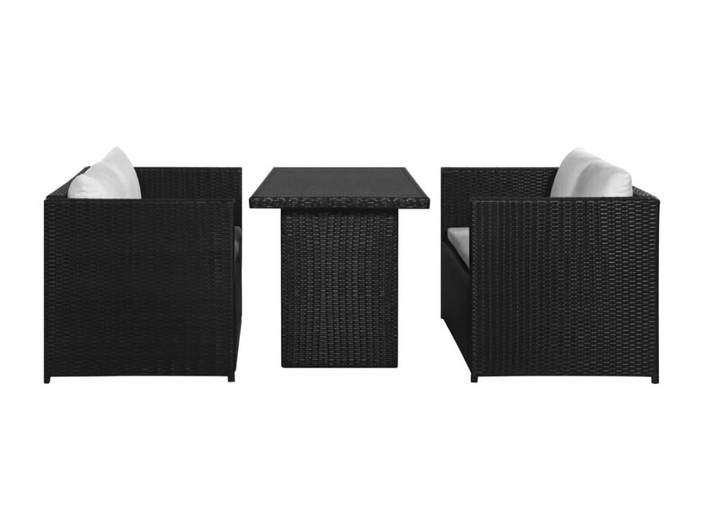 3-piece garden furniture set with cushions, black woven resin
