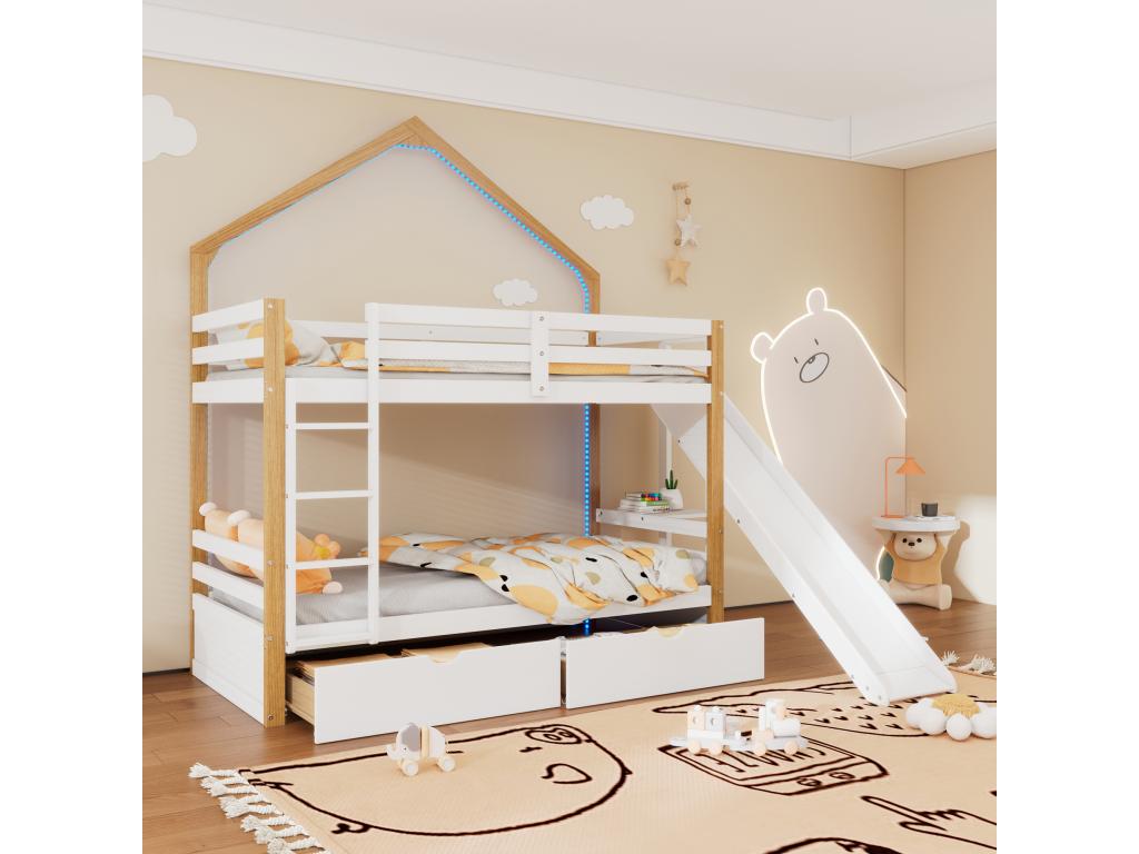 Bunk bed 90x200 cm - made of pine wood and MDF - with LED lighting, 2 drawers, ladder and slide - White