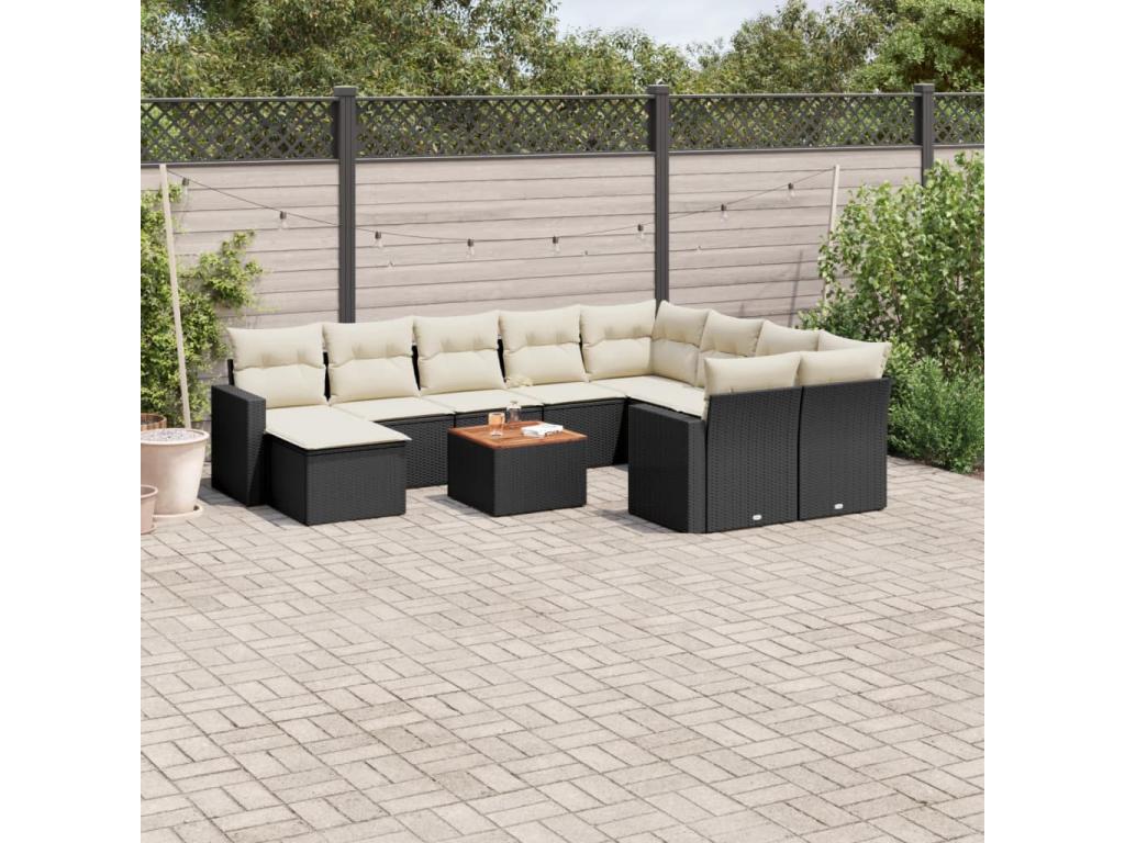 11-piece garden furniture set with cushions, black woven resin