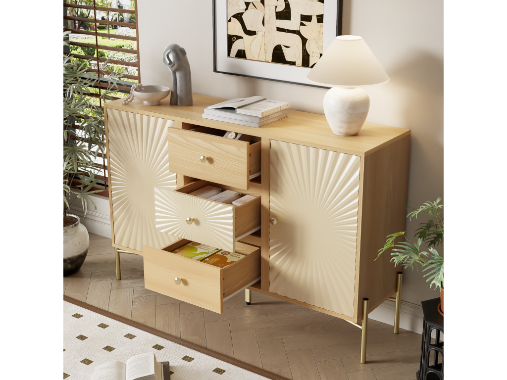 Wood-colored sideboard, 123.5 cm long, two-door cabinet with 3 drawers, unique sunburst design