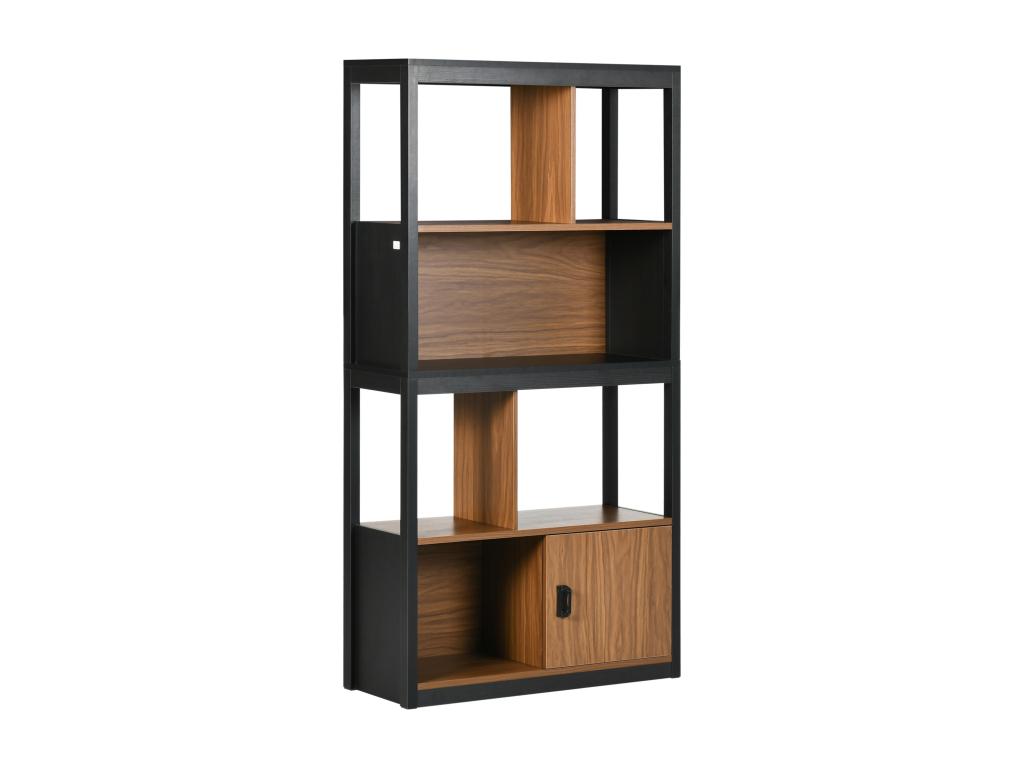 Industrial style bookcase with 2 shelves, 2 niches, and 1 door, made of MDF particleboard with a black wood grain finish.
