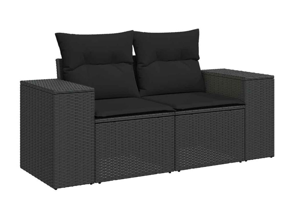 9-piece garden furniture set with cushions, black woven resin