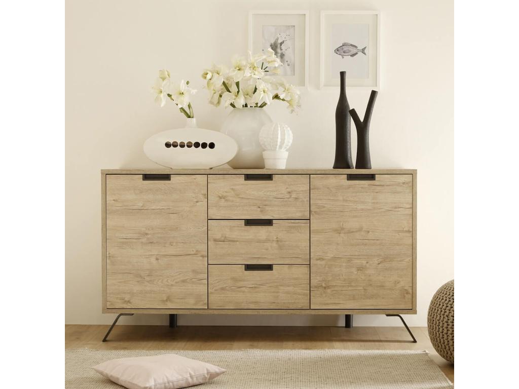 Homelumiere - 2-Door, 3-Drawer Buffet with Wood Look and Dark Grey Metal Legs
