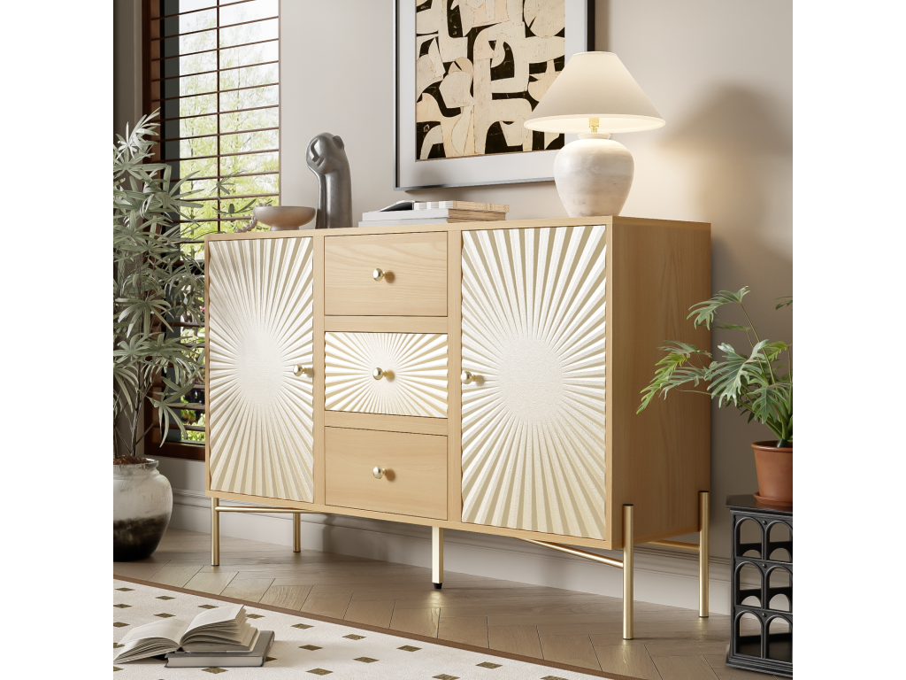 Wood-colored sideboard, 123.5 cm long, two-door cabinet with 3 drawers, unique sunburst design