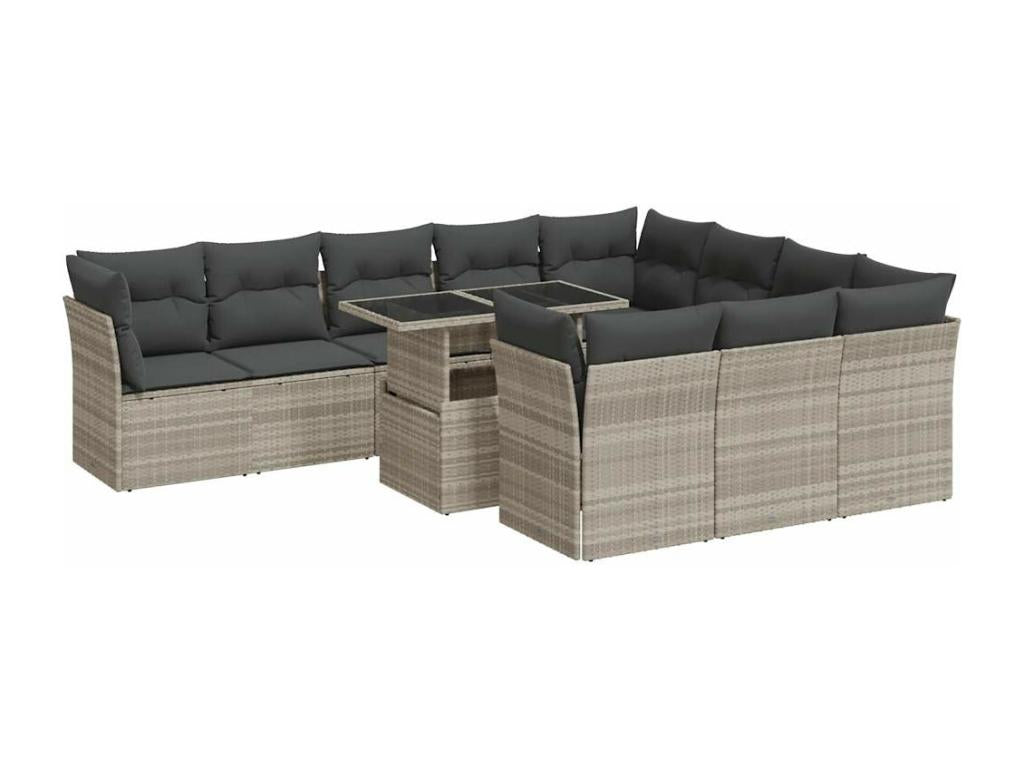11-piece garden furniture set with light grey cushions, woven resin